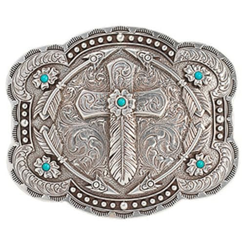 M&F Blazin’ Roxx 37939 Engraved Scrolling Buckle with Cross, Feather, and Turquoise Stone