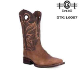 Circle G L6087 - MEN'S TAN EMBROIDERY CHOCOLATE WIDE SQUARE TOE COWBOY BOOT WITH PULL HOLES